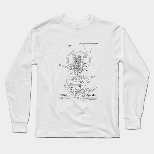 Brass Musical Instrument Vintage Patent Hand Drawing Long Sleeve T-Shirt by TheYoungDesigns